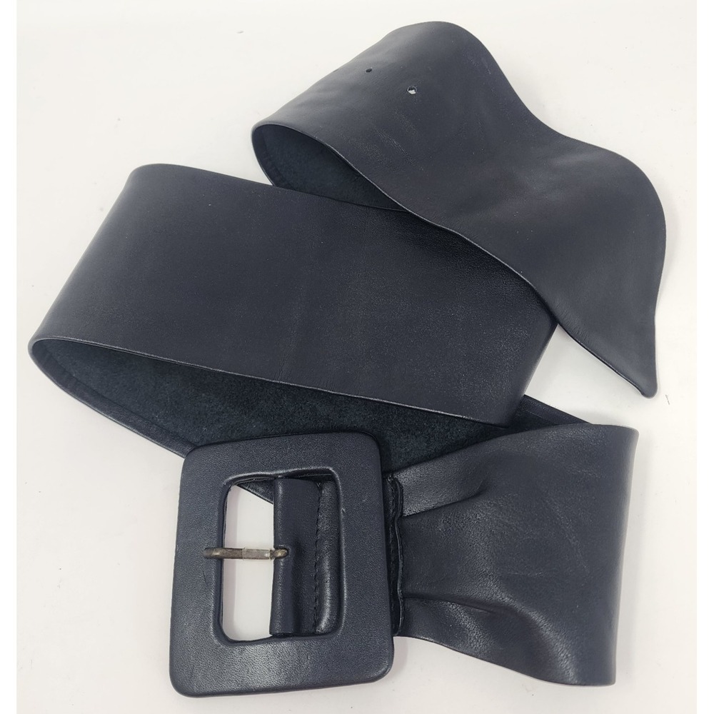 Vtg WCM New York Leather Belt Women's M Black Square Buckle Quiet Luxury Modern